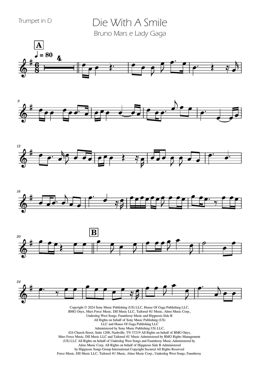 Die With A Smile Trumpet Solo scores gallery preview page 1