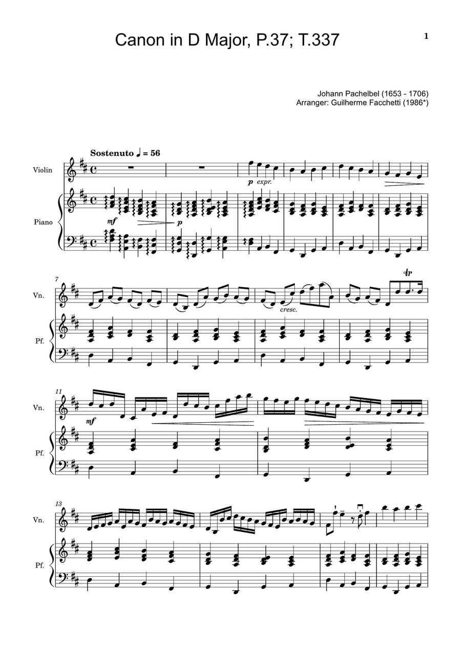 Canon in D Major, P.37; T.337. Arranged for Violin and Piano Chamber Music scores gallery preview page 1