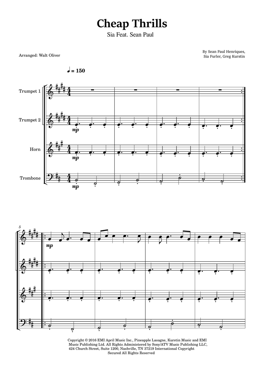 Cheap Thrills (Feat. Sean Paul) Brass Quartet scores gallery preview page 1