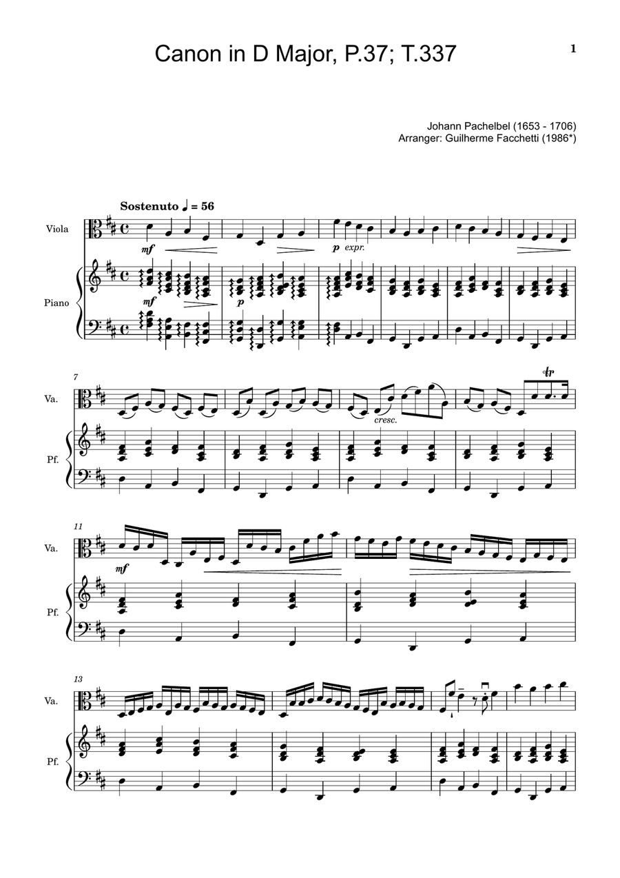 Canon in D Major, P.37; T.337. Arranged for Viola and Piano Chamber Music scores gallery preview page 1