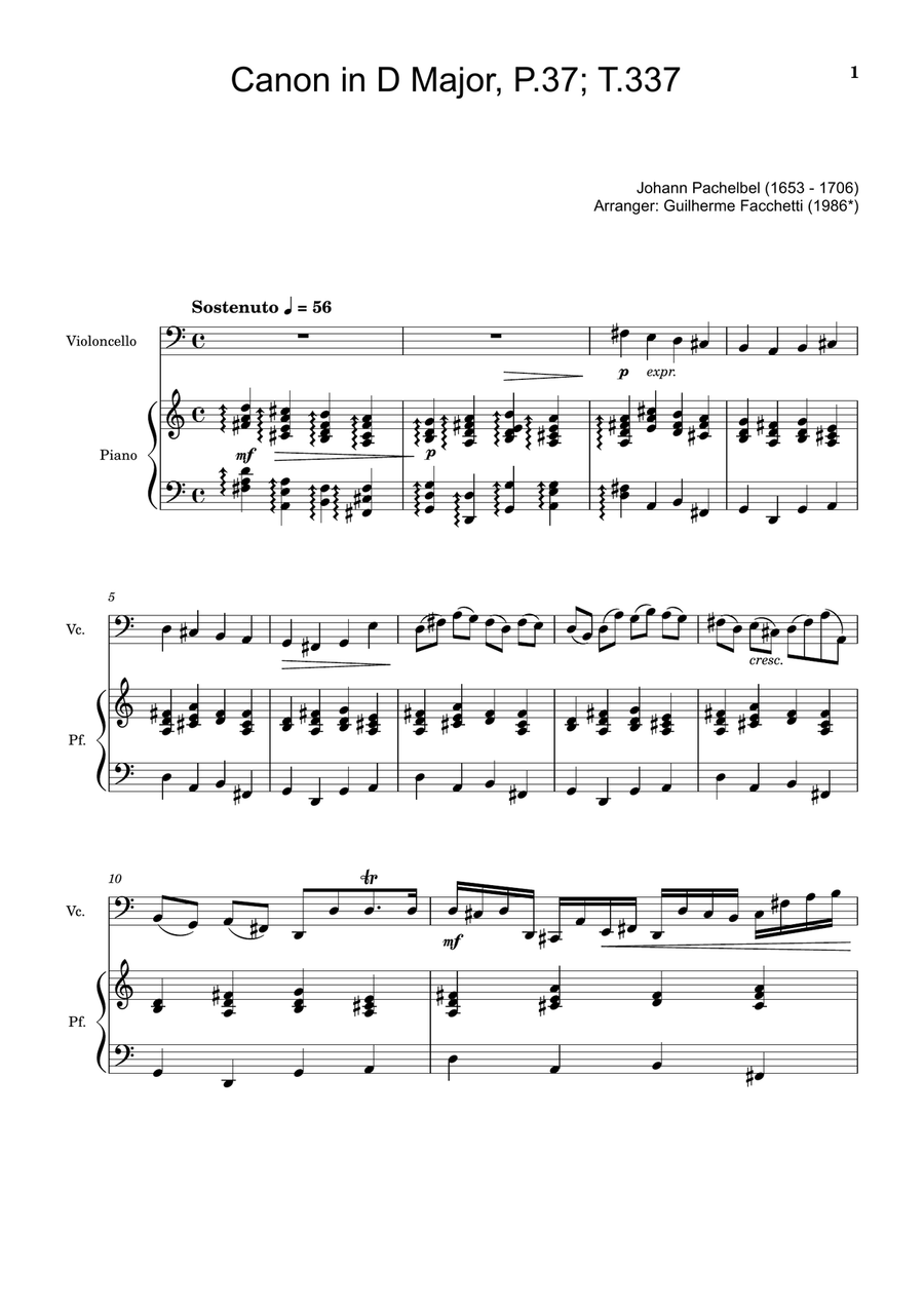 Canon in D Major, P.37; T.337. Arranged for Violoncello and Piano. Chamber Music scores gallery preview page 1