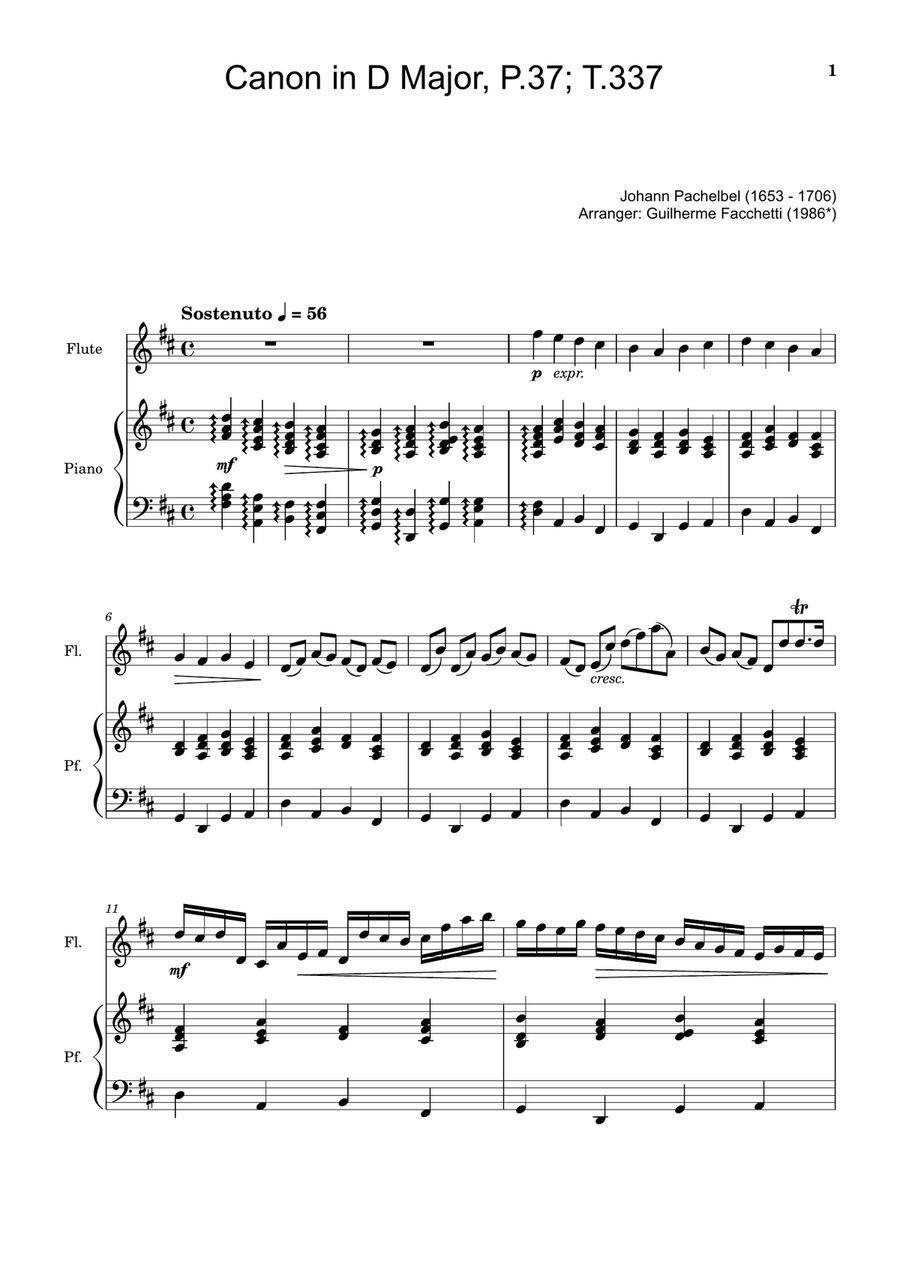Canon in D Major, P.37; T.337. Arranged for Flute and Piano. Woodwind Duet scores gallery preview page 1