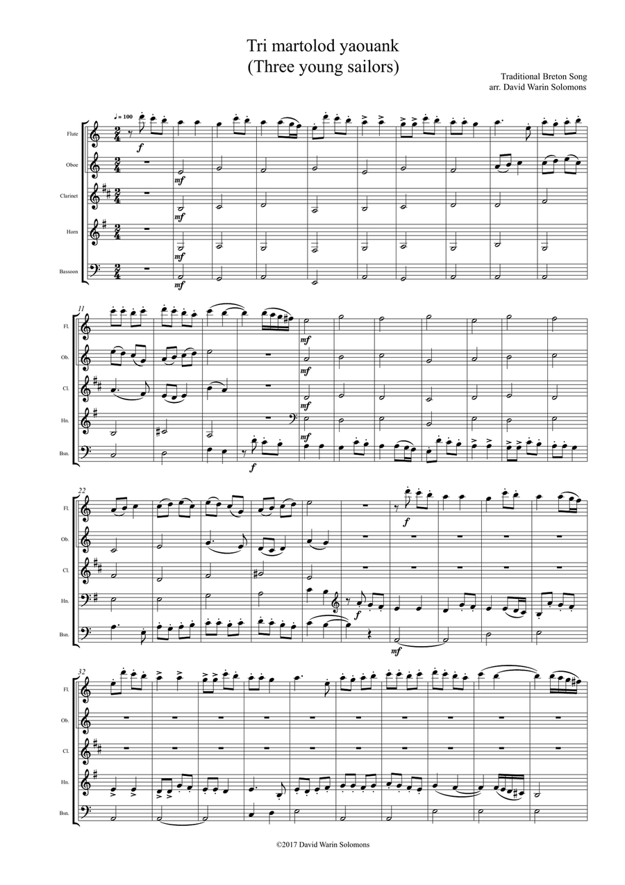 Tri Martolod Yaouank (Three young sailors) for wind quintet Woodwind Quintet scores gallery preview page 1