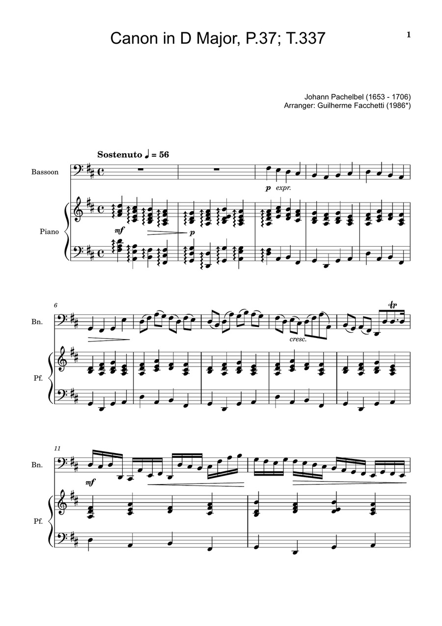 Canon in D Major, P.37; T.337. Arranged for Bassoon and Piano Woodwind Duet scores gallery preview page 1