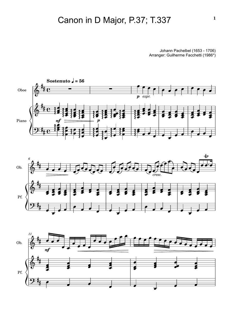 Canon in D Major, P.37; T.337. Arranged for Oboe and Piano Woodwind Duet scores gallery preview page 1