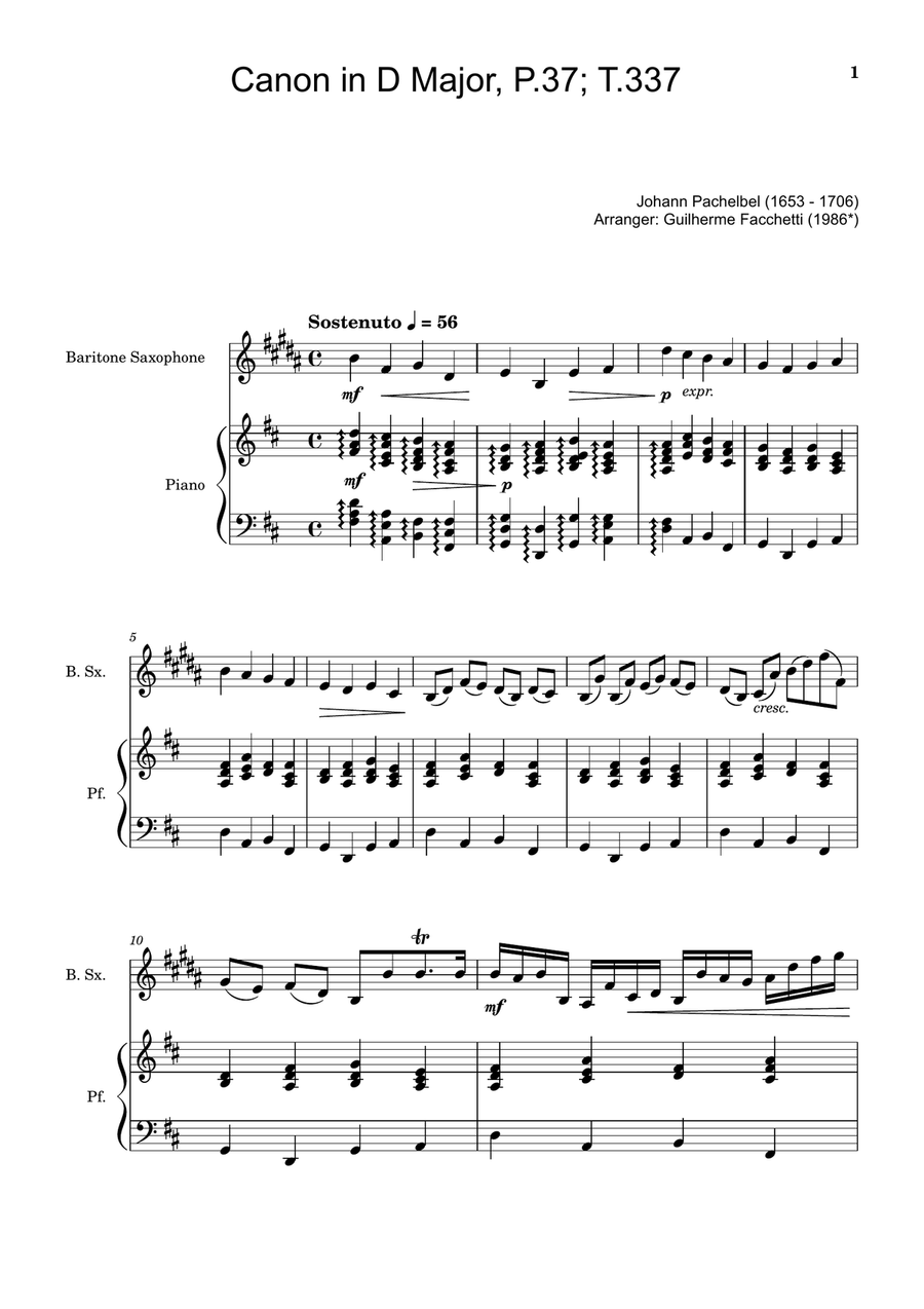 Canon in D Major, P.37; T.337. Arranged for B. Sax and Piano Woodwind Duet scores gallery preview page 1