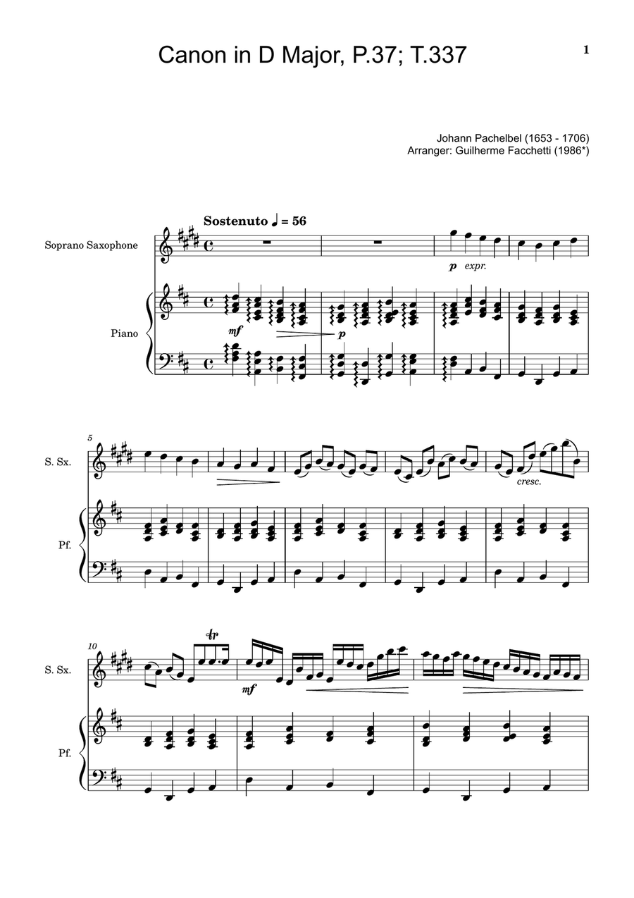 Canon in D Major, P.37; T.337. Arranged for S. Sax and Piano Woodwind Duet scores gallery preview page 1