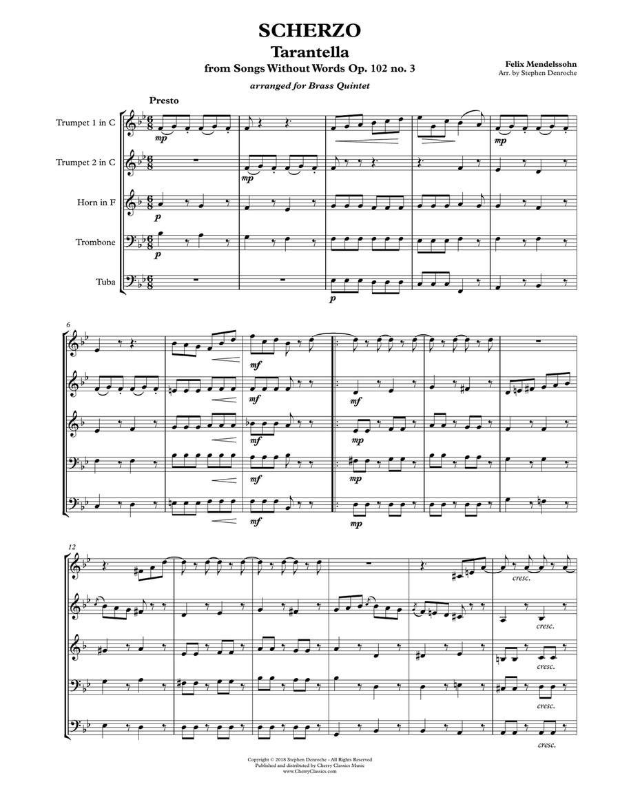 Scherzo Tarantella for Brass Quintet from Op. 102 no. 3 Songs Without Words Brass Quintet scores gallery preview page 2