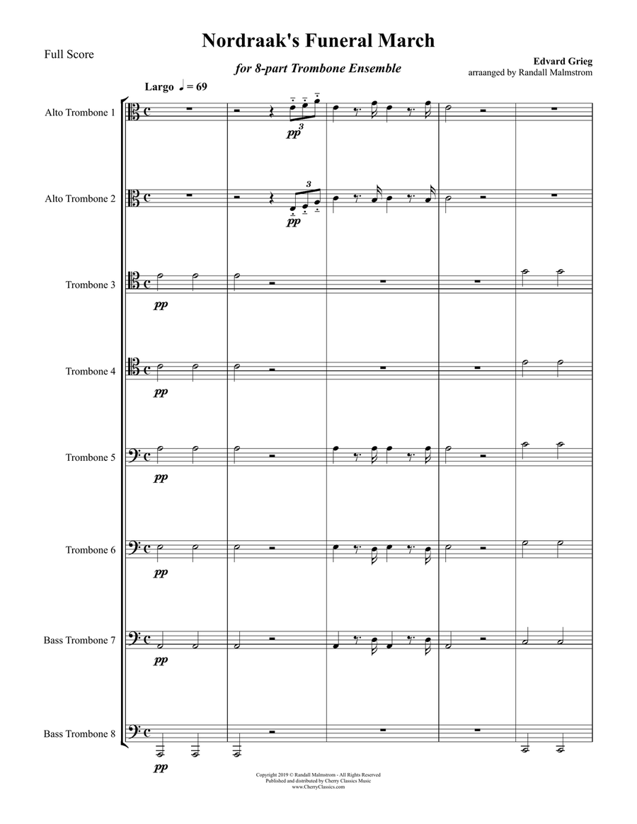 Nordraak’s Funeral March for 8-part Trombone Ensemble Trombone scores gallery preview page 2