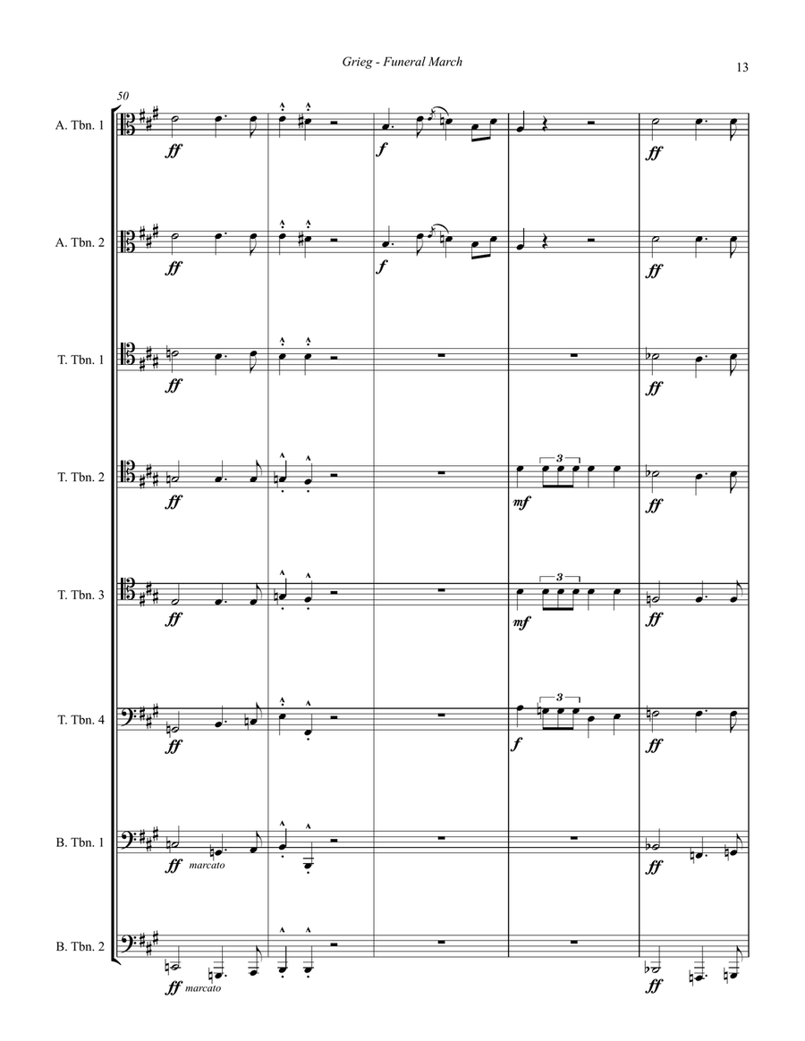 Nordraak’s Funeral March for 8-part Trombone Ensemble Trombone scores gallery preview page 5