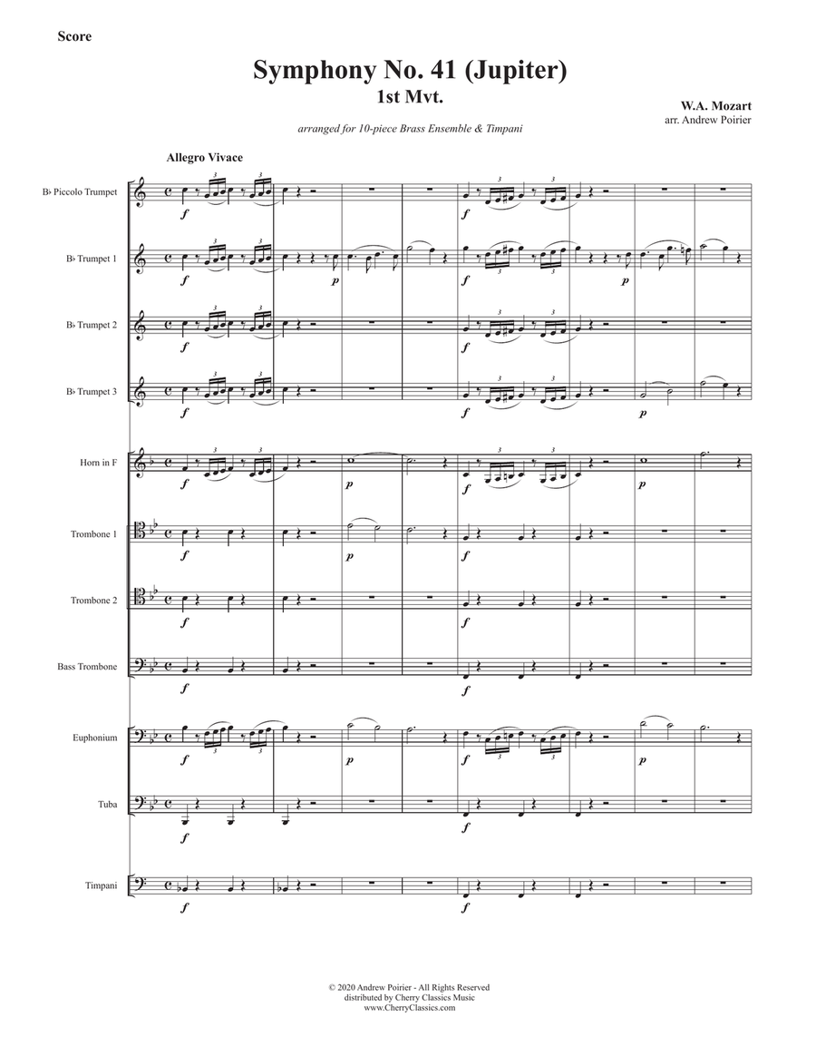 Symphony No. 41 (Jupiter) 1st Movement for 10-piece Brass Ensemble and Timpani Percussion scores gallery preview page 2
