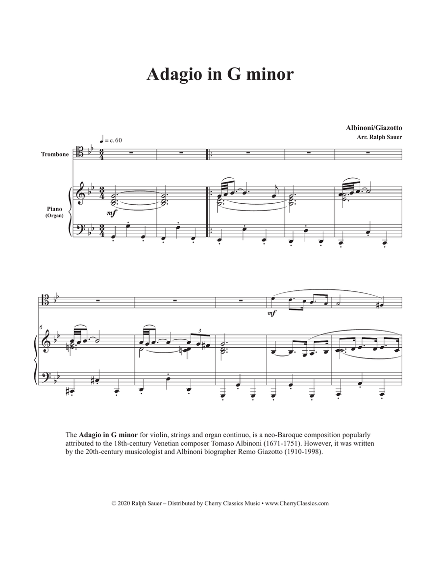Adagio in G minor for Trombone and Piano or Organ Organ scores gallery preview page 2