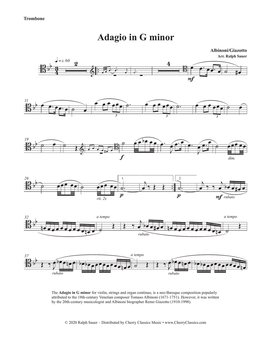 Adagio in G minor for Trombone and Piano or Organ Organ scores gallery preview page 4