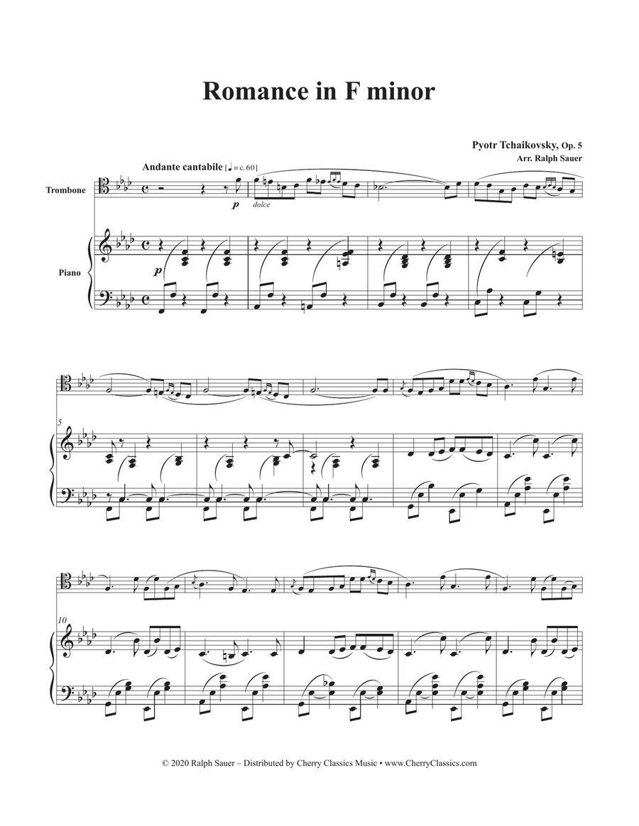 Romance in F minor, Op. 5 for Trombone and Piano Piano Accompaniment scores gallery preview page 2