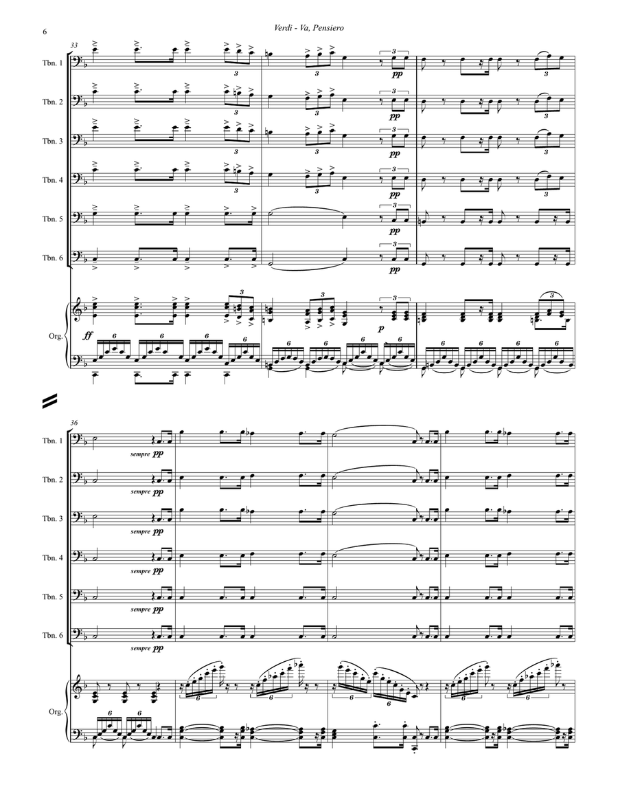 Va, Pensiero for 6-part Trombone Ensemble and Organ Trombone scores gallery preview page 4