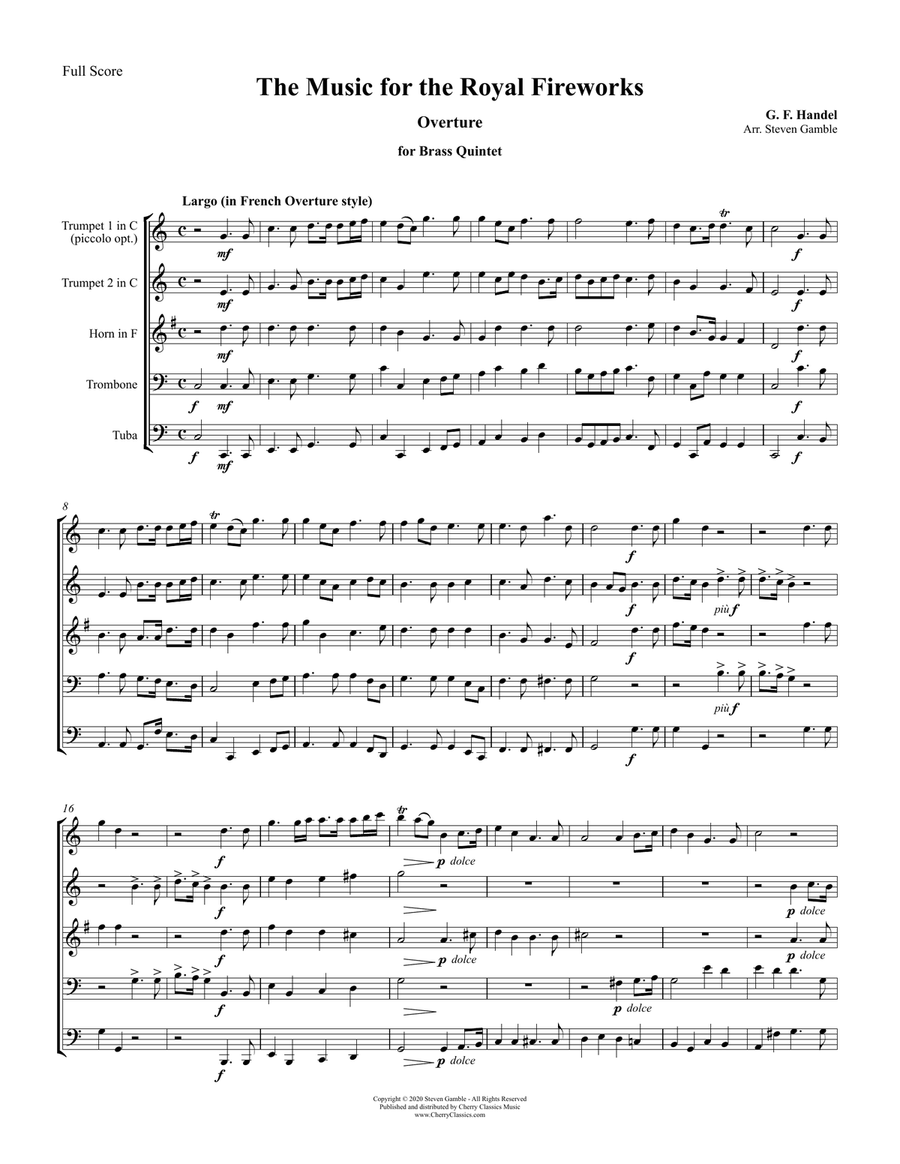 Overture to The Music for the Royal Fireworks for Brass Quintet Brass Quintet scores gallery preview page 2