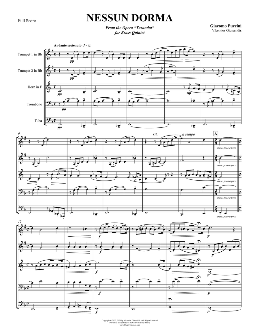 Nessun Dorma from Turandot for Brass Quintet Brass Quintet scores gallery preview page 2