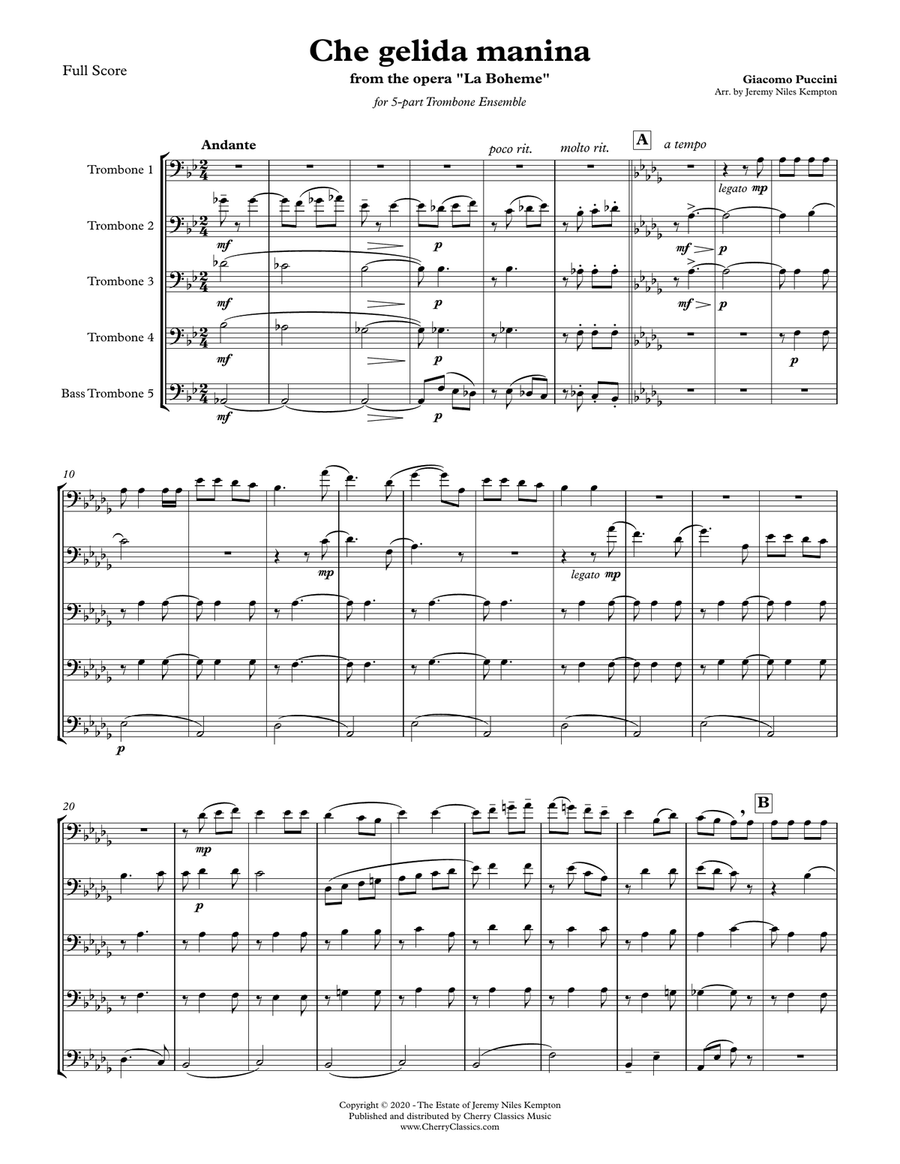 Che gelida manina from La Bohème for 5-part Trombone Ensemble Trombone scores gallery preview page 2