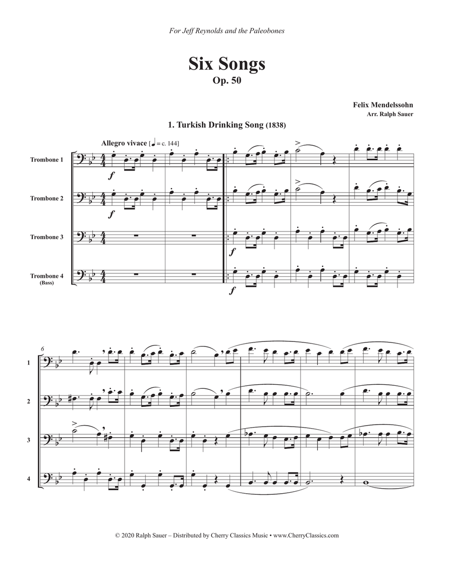 Six Songs, Op. 50 for 4-part Trombone Ensemble 4-Part scores gallery preview page 2