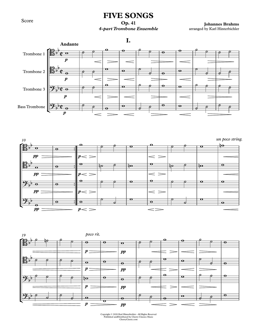 Five Songs, Op. 41 for 4-part Trombone Ensemble 4-Part scores gallery preview page 2
