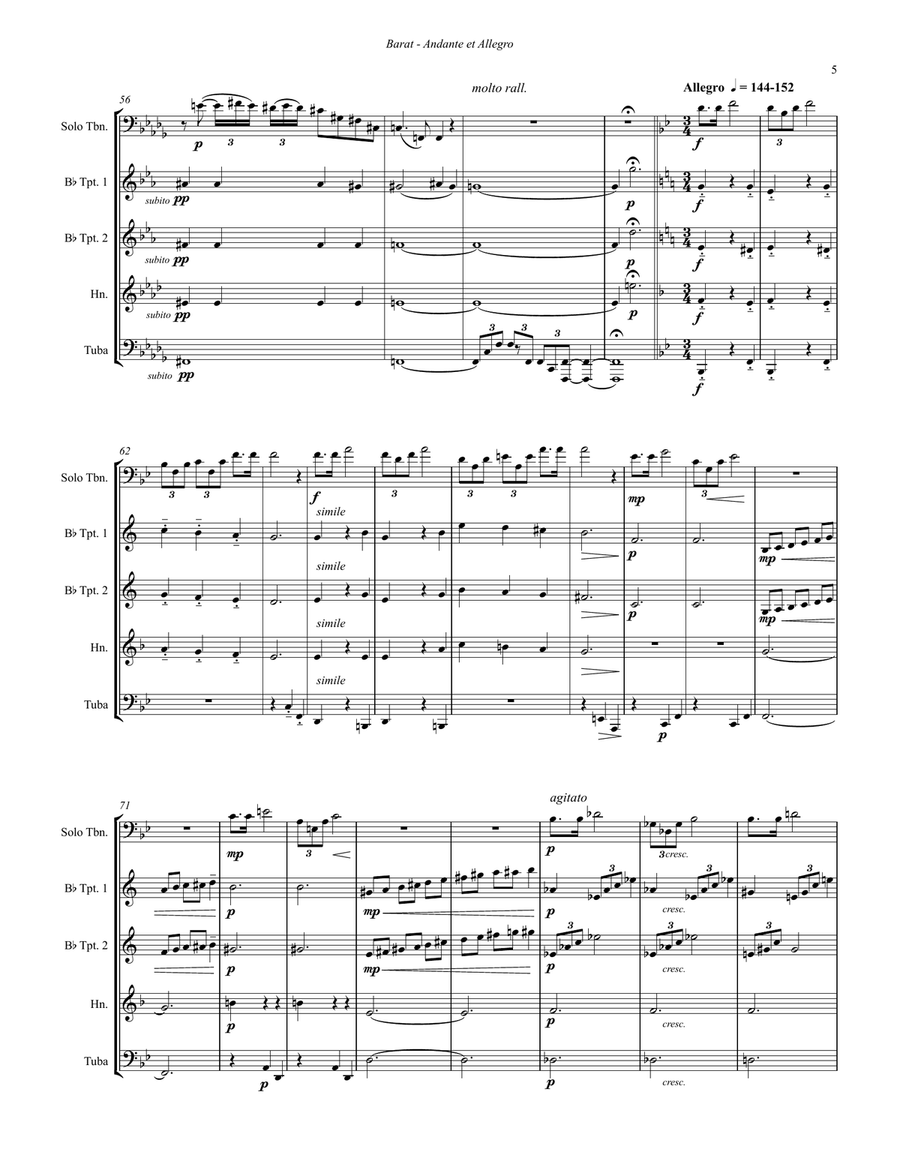 Andante et Allegro for Brass Quintet featuring solo Trombone Brass Quintet scores gallery preview page 6