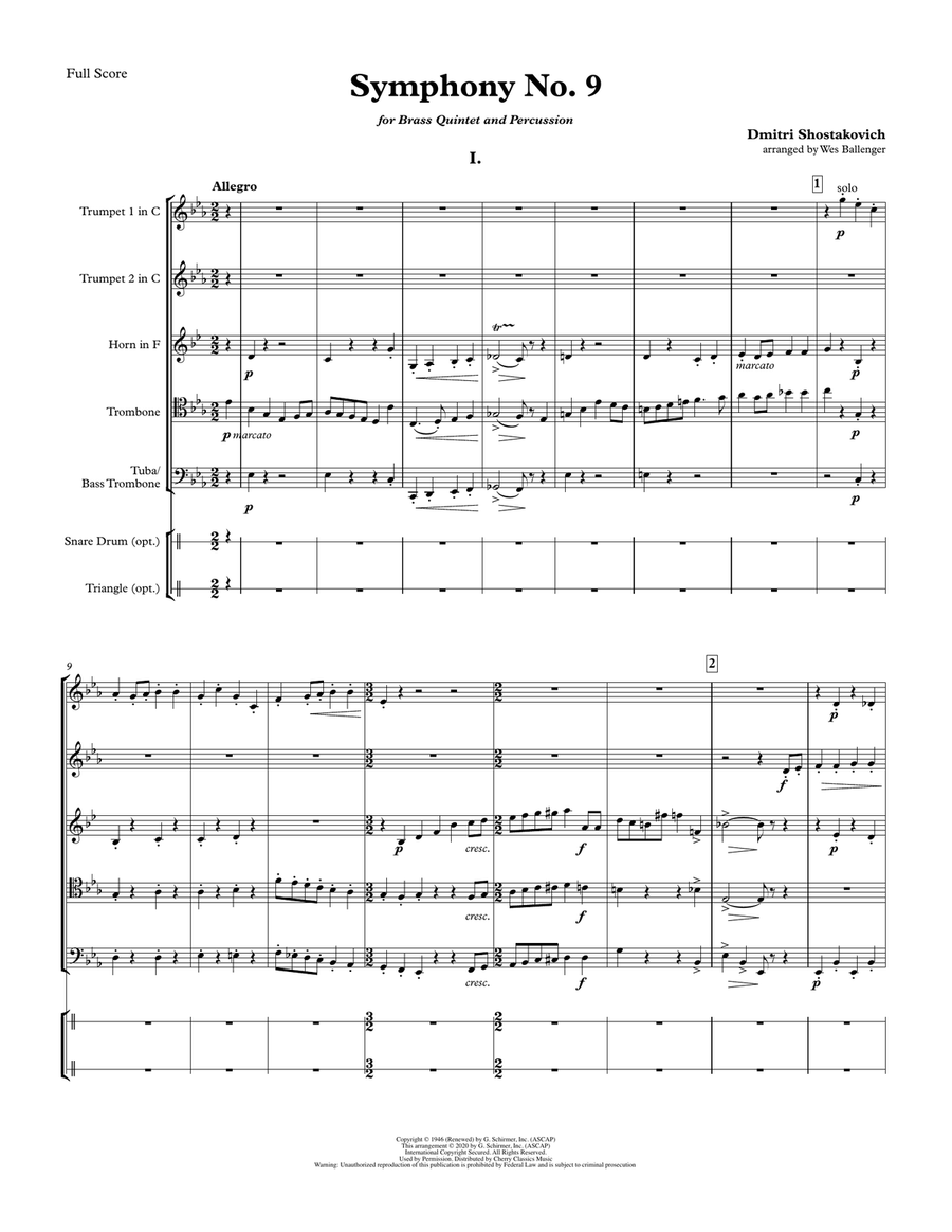 Symphony No. 9 1st movement for Brass Quintet and Percussion (optional) Percussion scores gallery preview page 2
