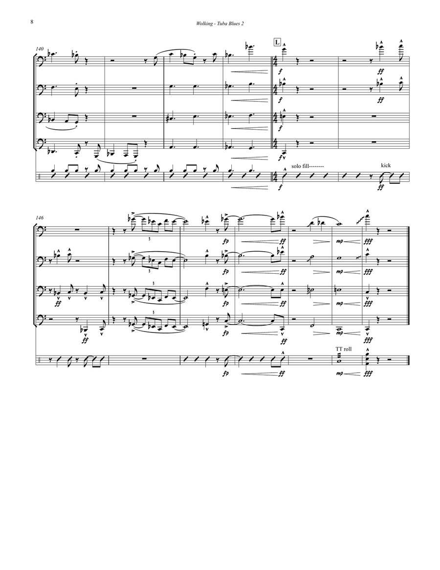 Tuba Blues 2 for Tuba Quartet and Drum set Tuba Quartet scores gallery preview page 6