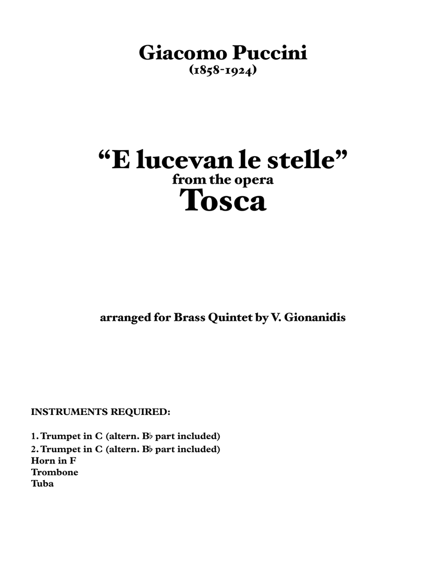 E lucevan le stelle, Aria from Tosca for Brass Quintet Brass Quintet scores gallery preview page 2