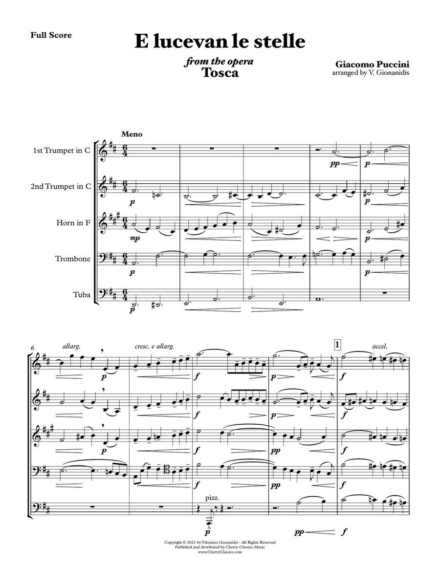 E lucevan le stelle, Aria from Tosca for Brass Quintet Brass Quintet scores gallery preview page 3