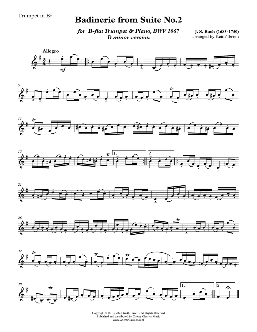 Badinerie for Trumpet in B-flat and Piano D minor Version B-Flat Trumpet scores gallery preview page 2