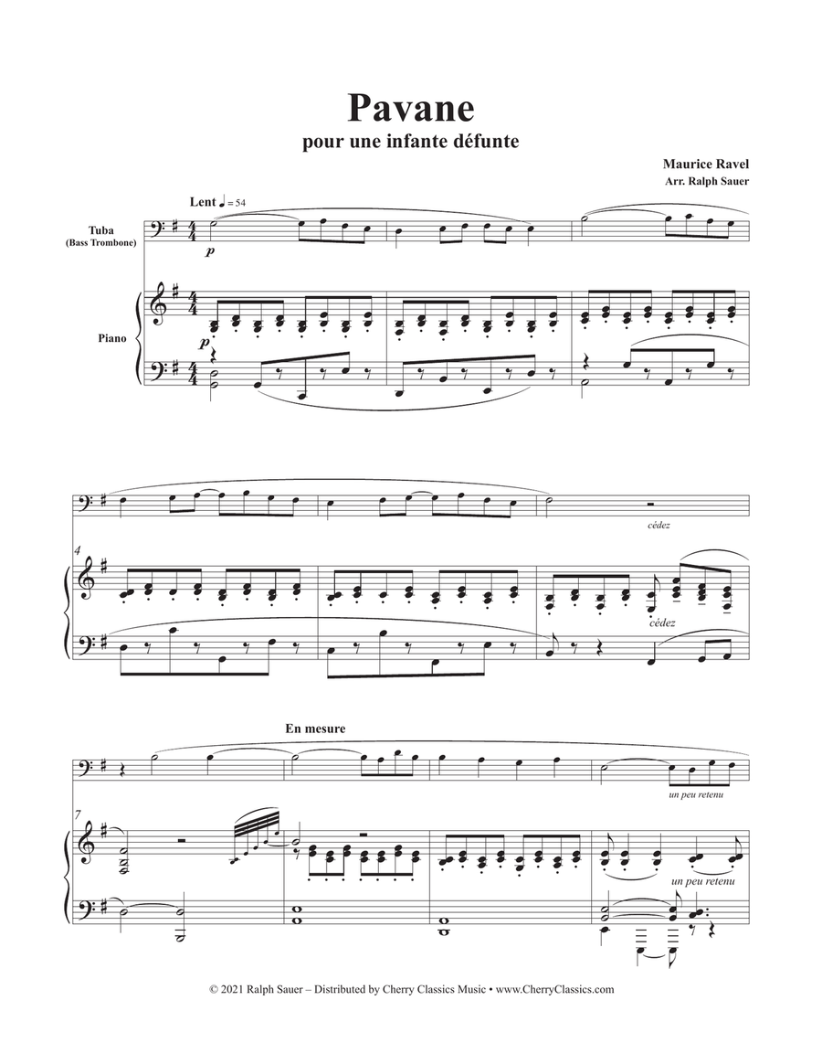 Pavane pour une infante défunte for Tuba or Bass Trombone and Piano Bass Trombone scores gallery preview page 3