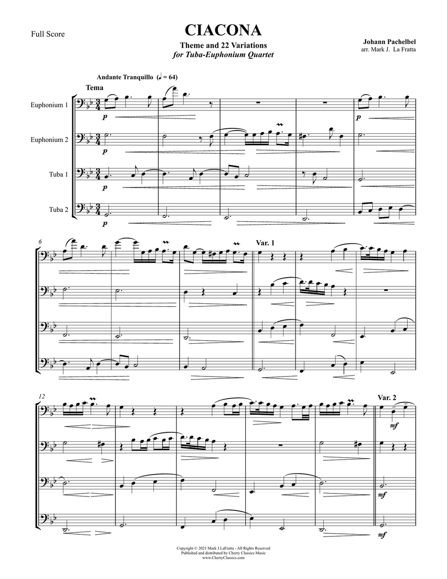 Ciacona - Theme & 22 Variations for Tuba Quartet Tuba Quartet scores gallery preview page 2
