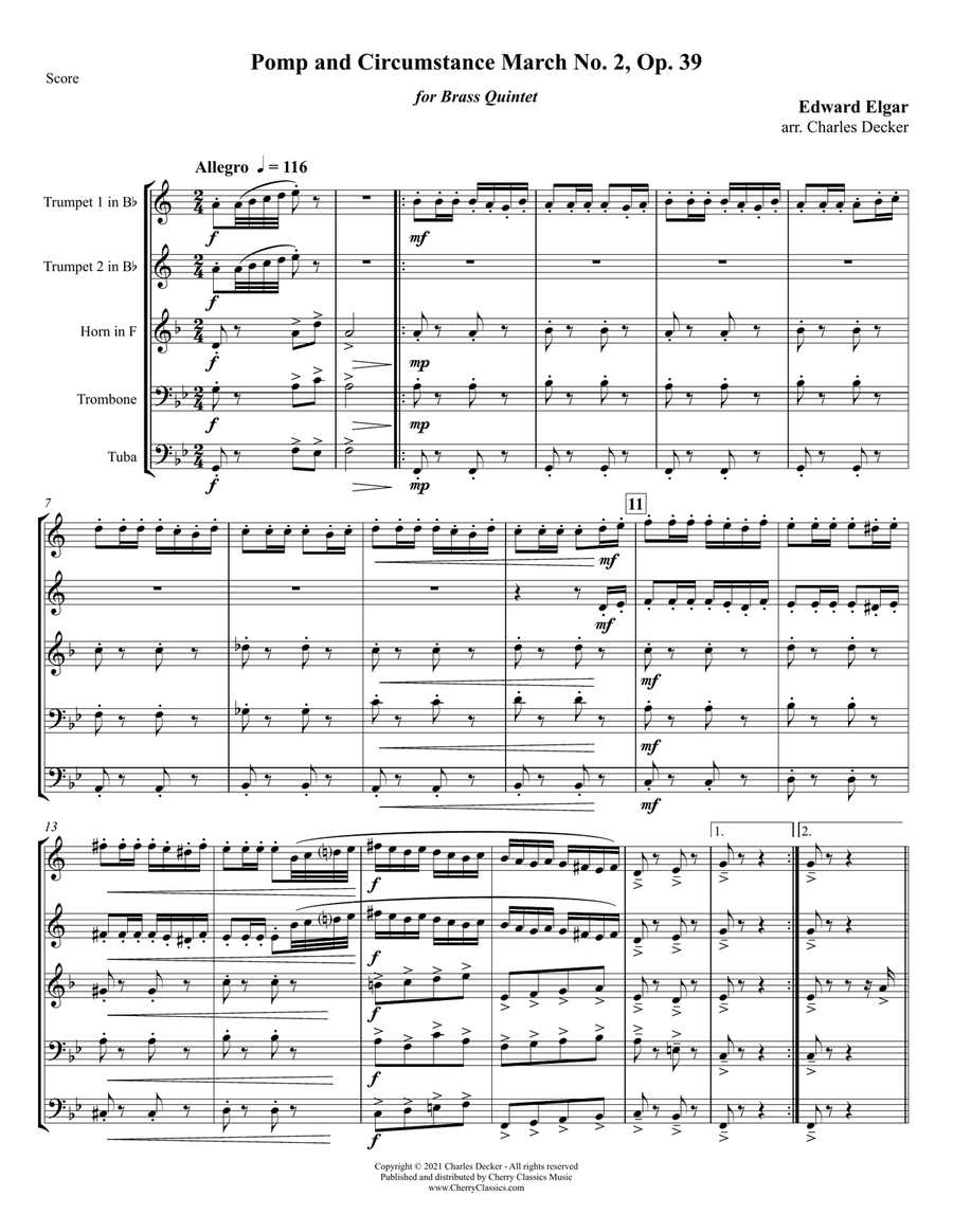 Pomp and Circumstance March No. 2 for Brass Quintet Brass Quintet scores gallery preview page 2