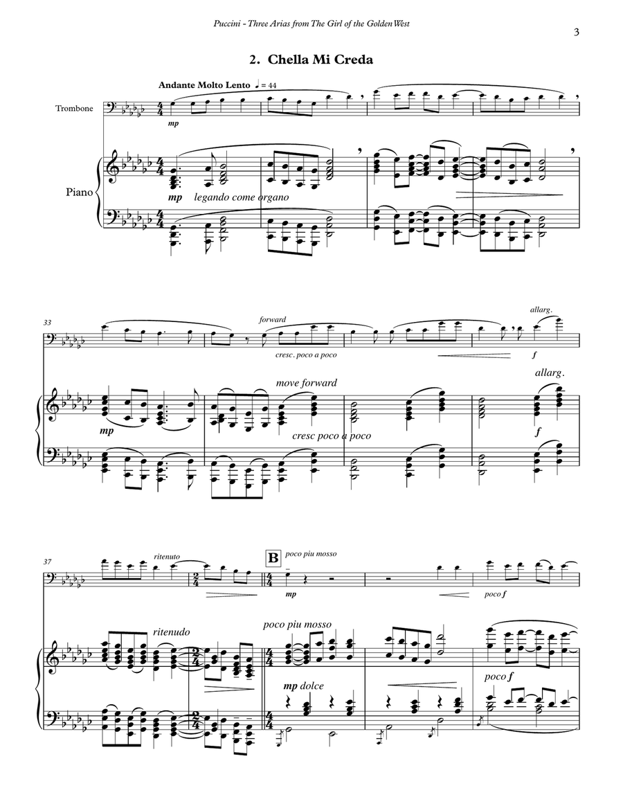 Three Arias from the opera The Girl of the Golden West for Trombone and Piano Piano Accompaniment scores gallery preview page 3
