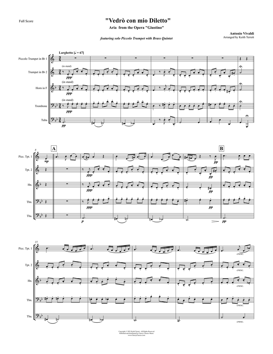 Vedrò con mio Diletto aria Piccolo Trumpet solo w Brass Quintet Brass Quintet scores gallery preview page 3