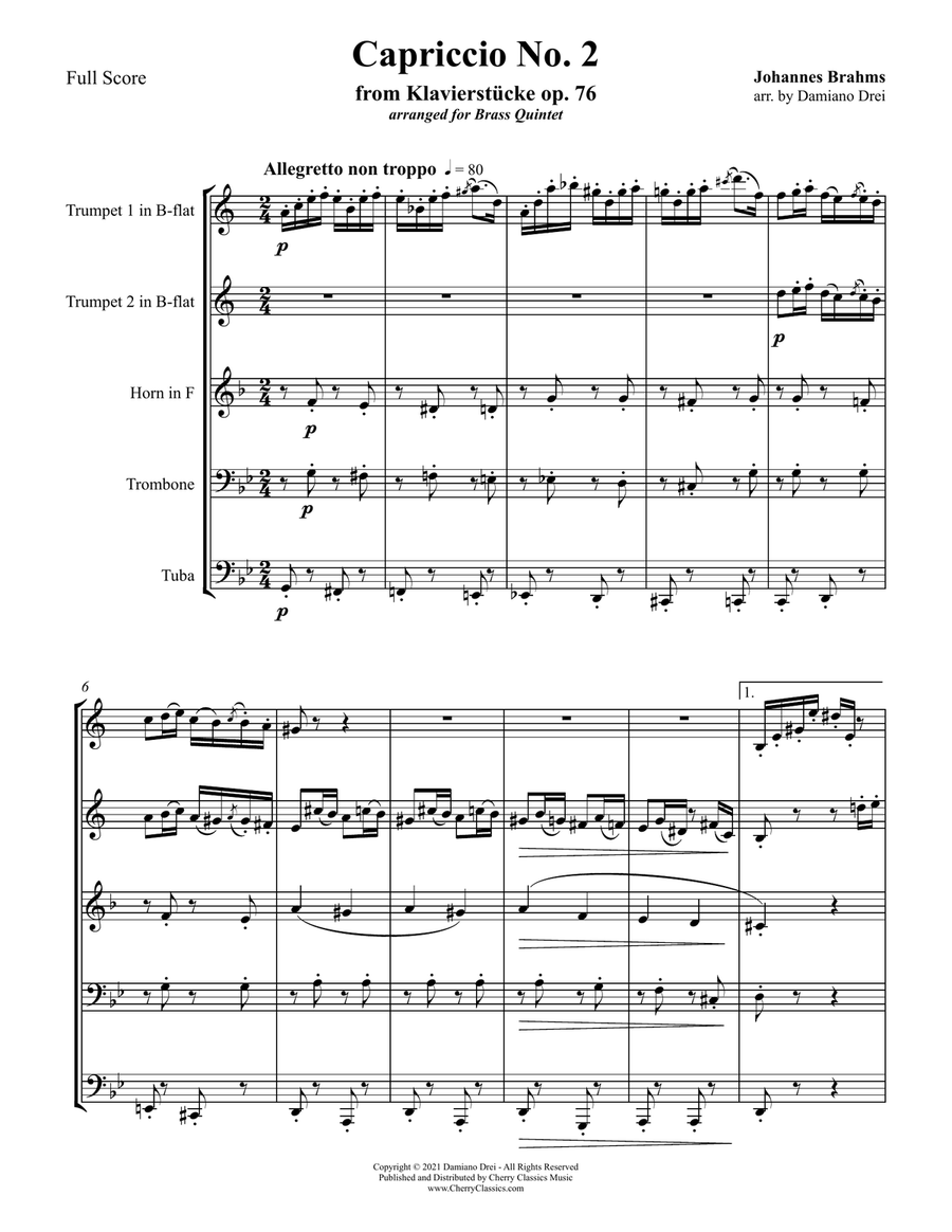 Capriccio No. 2 from Klavierstuücke op. 76 for Brass Quintet Brass Quintet scores gallery preview page 2