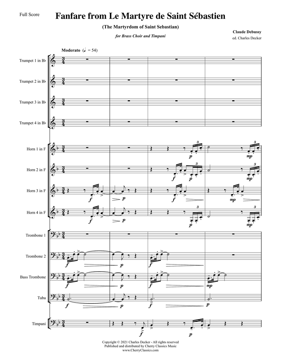 Fanfare from Le Martyre de Saint Sébastien for Brass Choir and Timpani Score scores gallery preview page 2