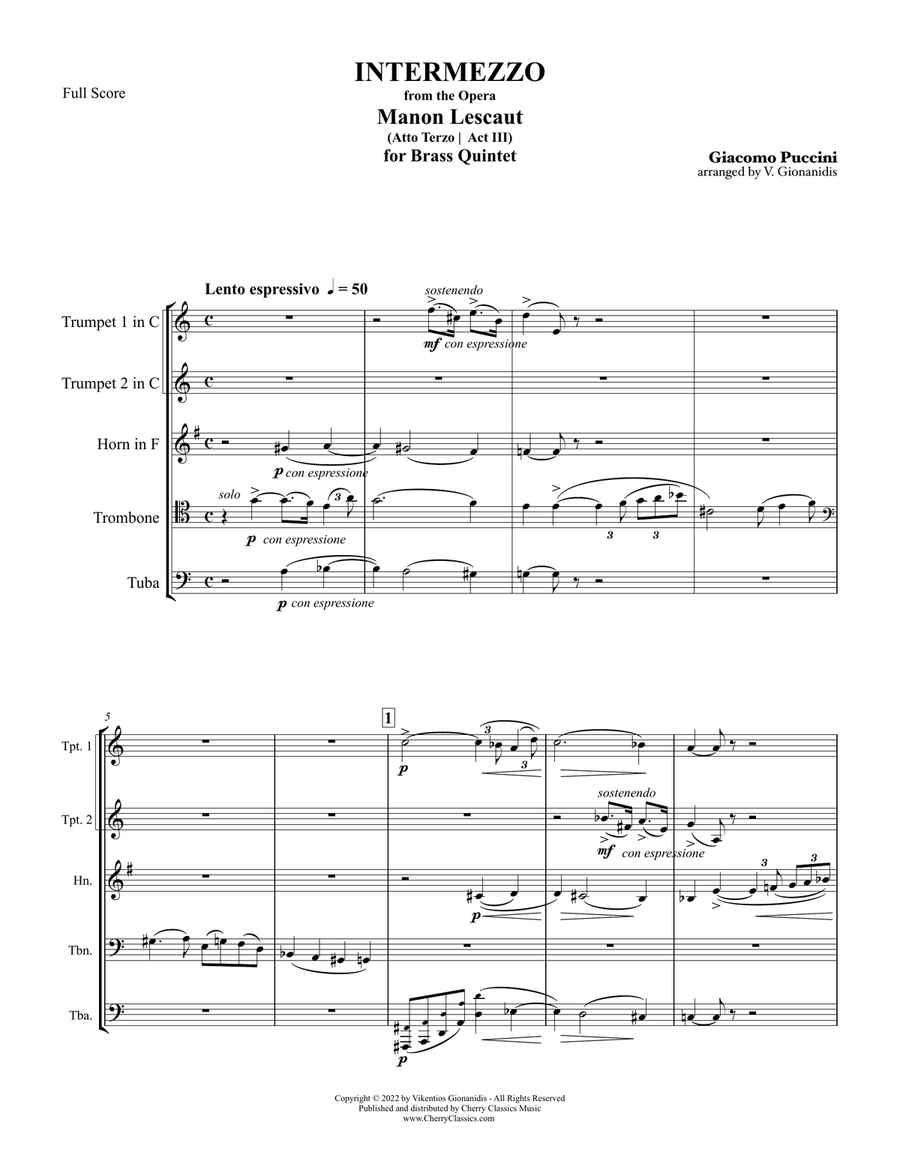 Intermezzo from Act III of Manon Lescaut for Brass Quintet Brass Quintet scores gallery preview page 3