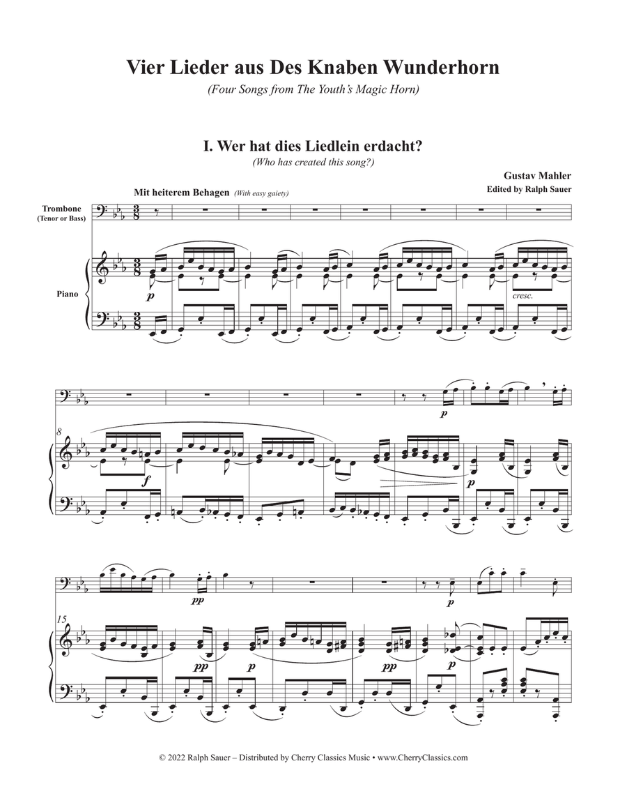 Vier Lieder aus Des Knaben Wunderhorn for Trombone and Piano Piano Accompaniment scores gallery preview page 3