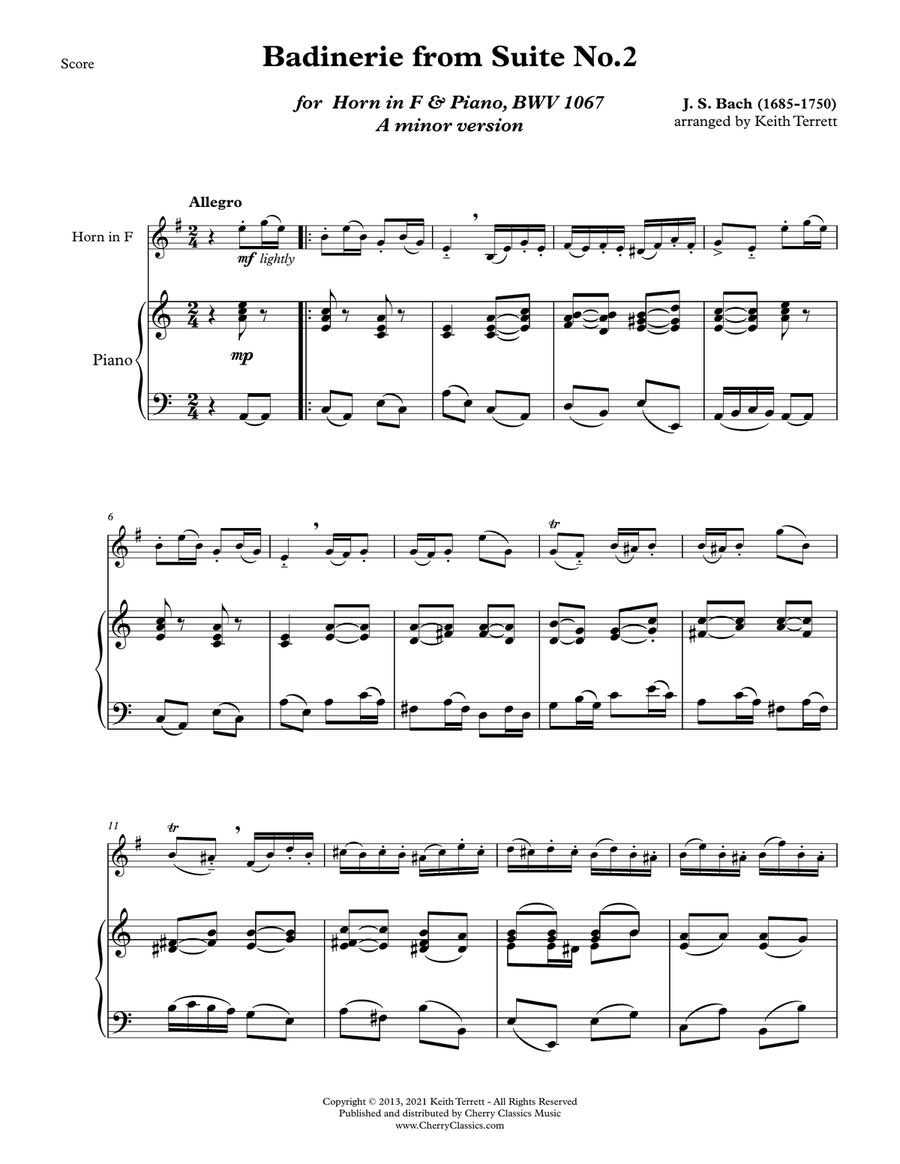 Badinerie for Horn in F and Piano A minor version Piano Accompaniment scores gallery preview page 2