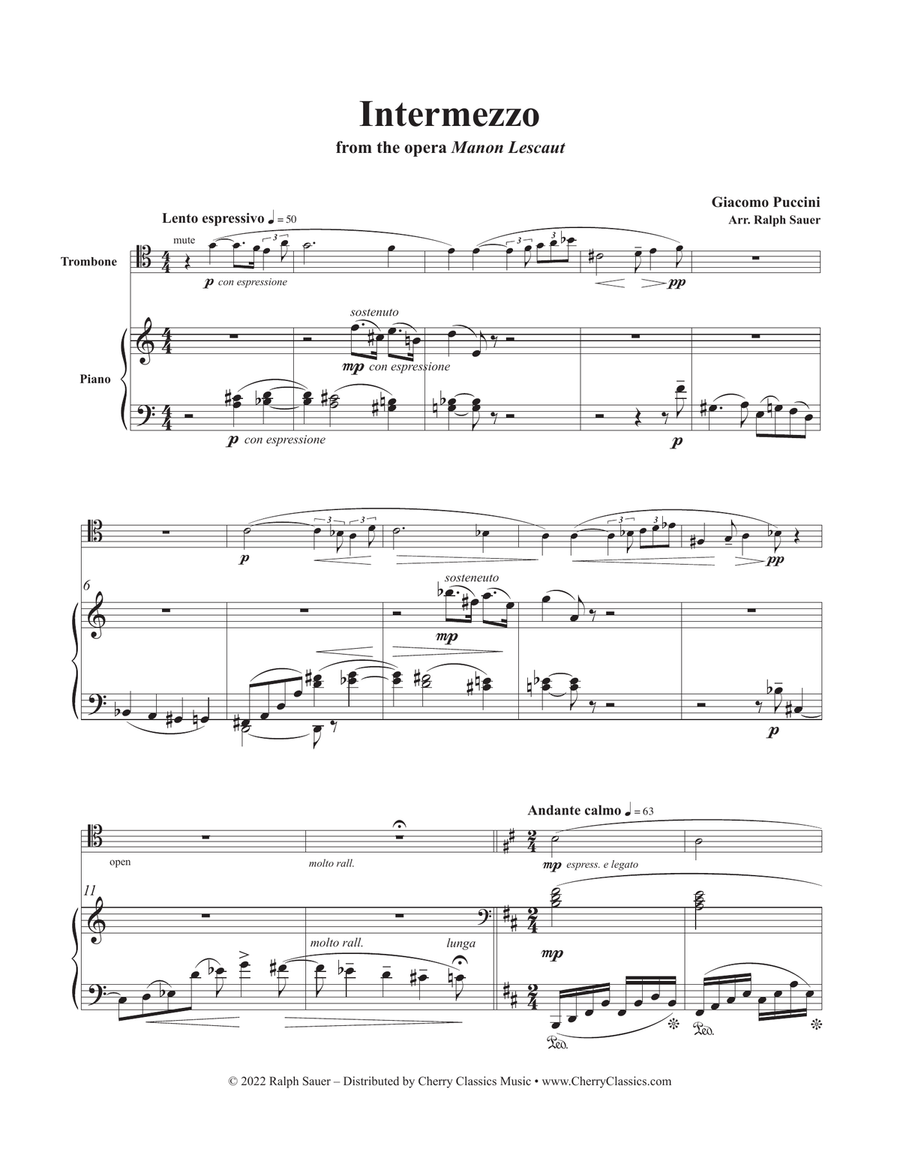 Intermezzo from Manon Lescaut for Trombone and Piano Piano Accompaniment scores gallery preview page 2