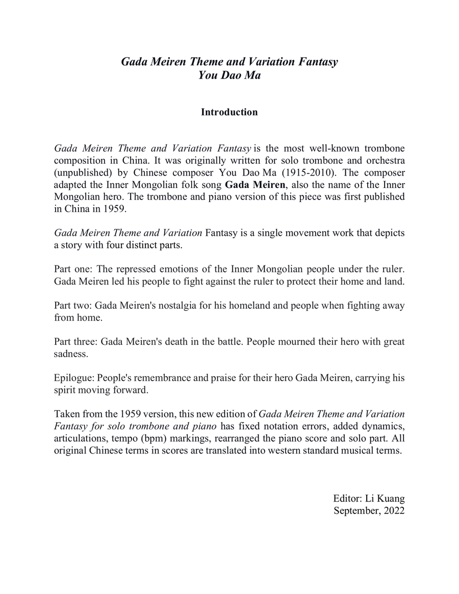 Gada Meirin Theme and Variations Fantasy for Trombone and Piano Piano Accompaniment scores gallery preview page 2
