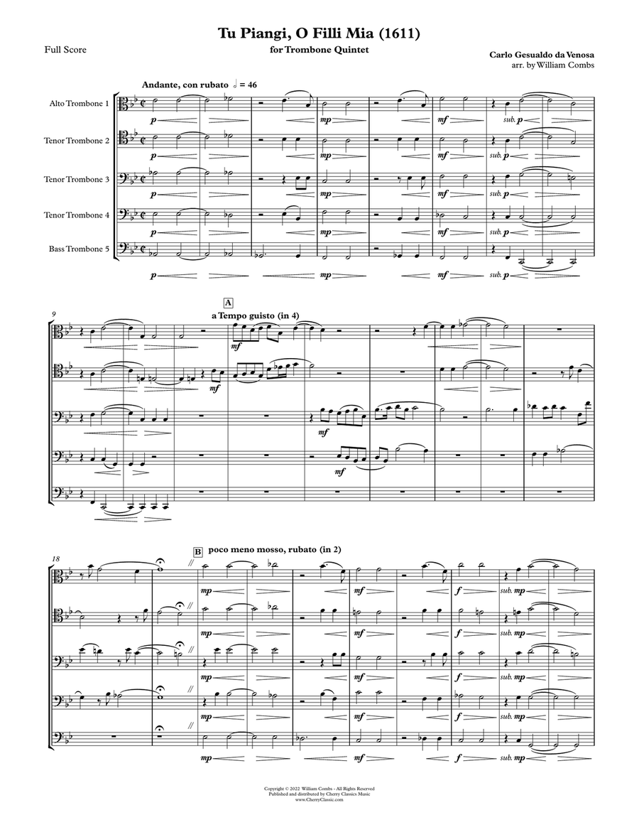 Tu Piangi, O Filli Mia for Trombone Quintet Trombone scores gallery preview page 2