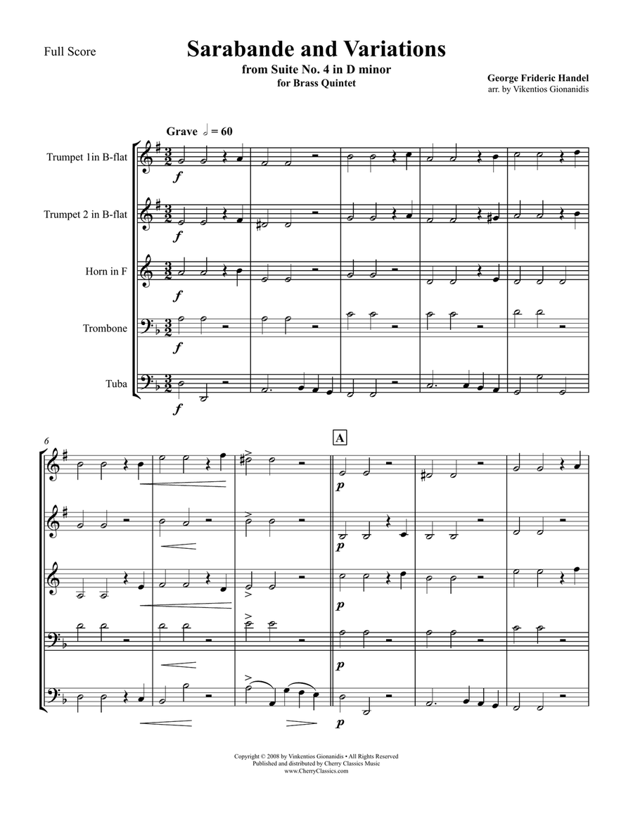 Sarabande and Variations from Suite No. 4 in D minor for Brass Quintet Brass Quintet scores gallery preview page 2