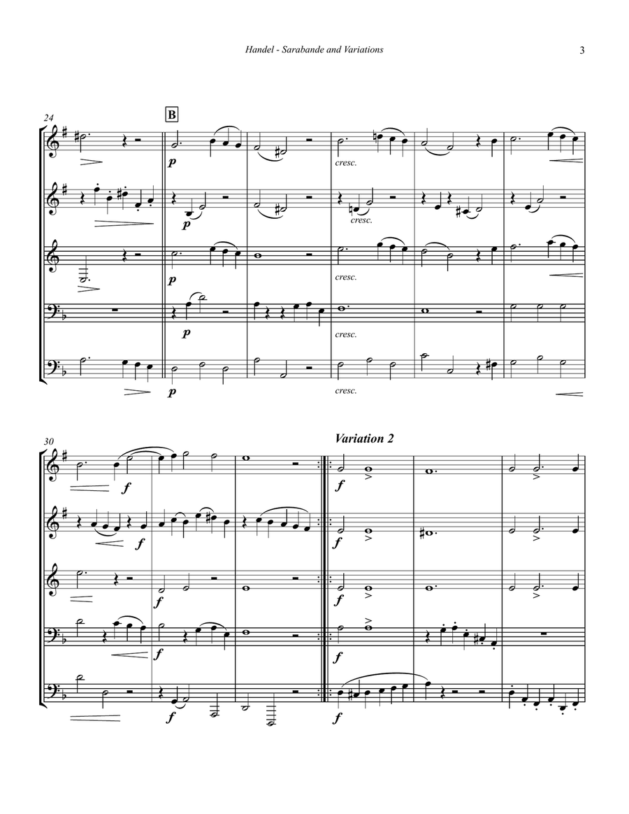 Sarabande and Variations from Suite No. 4 in D minor for Brass Quintet Brass Quintet scores gallery preview page 3