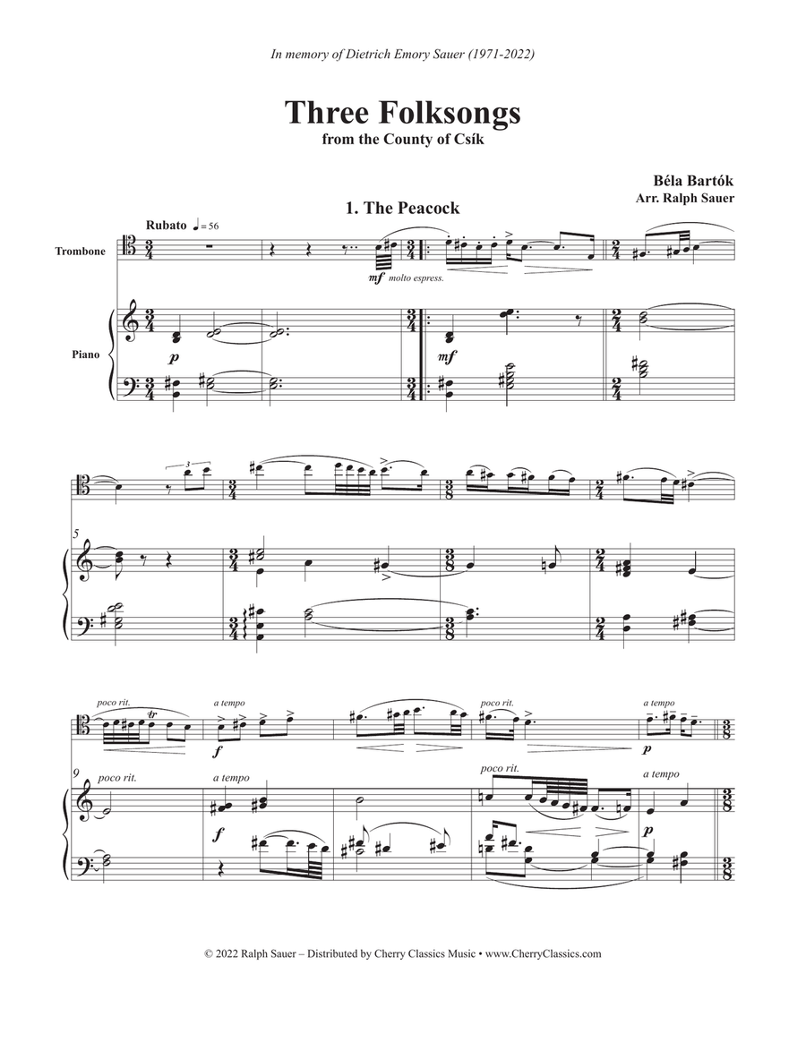 Three Folksongs for Trombone and Piano Piano Accompaniment scores gallery preview page 2