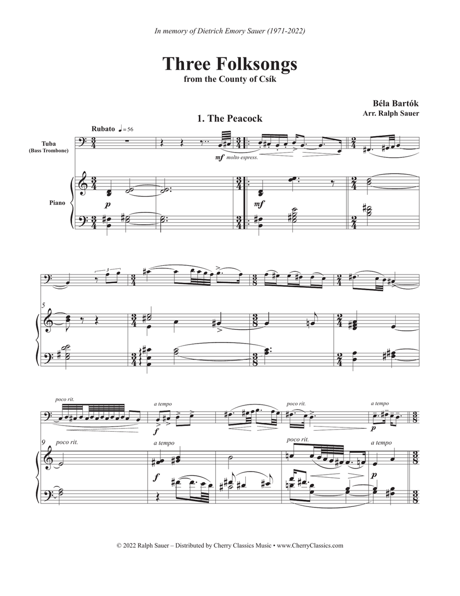 Three Folksongs for Tuba or Bass Trombone and Piano Bass Trombone scores gallery preview page 2