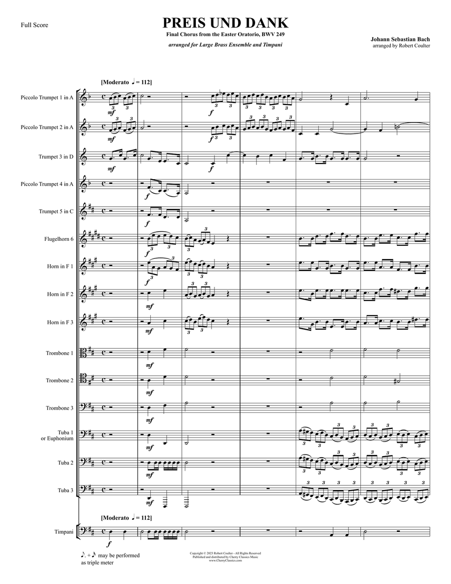 Preis und Dank, Final Chorus from the Easter Oratorio BWV 249 for Brass Ensemble and Timpani Choir scores gallery preview page 2