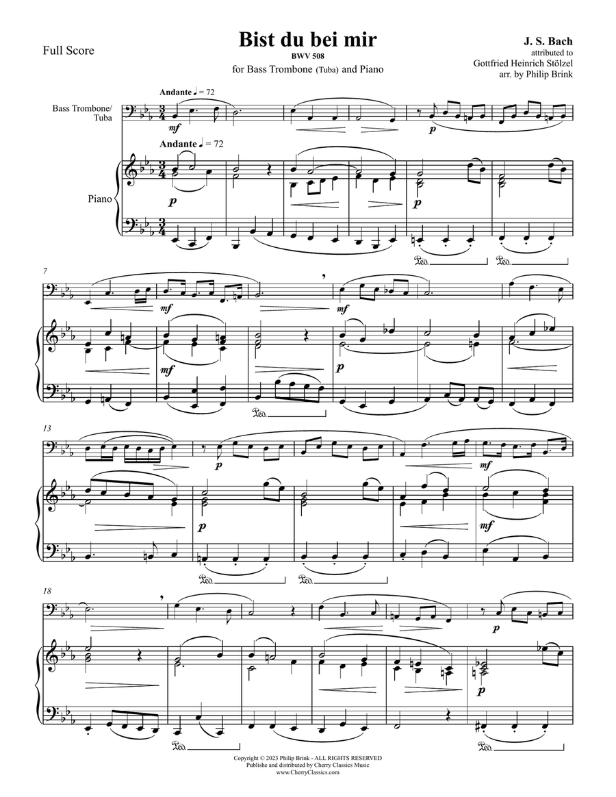 Bist du bei mir for Bass Trombone or Tuba and Piano Trombone scores gallery preview page 2