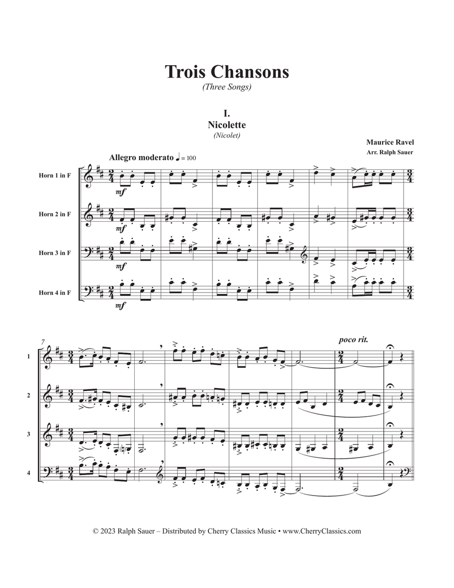 Trois Chansons for Horn Quartet French Horn Quartet scores gallery preview page 2
